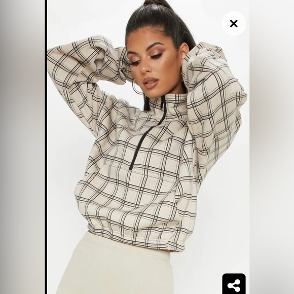 PRETTY Little Thing tan plaid half zip with pockets oversized size large VGUC - Picture 4 of 9